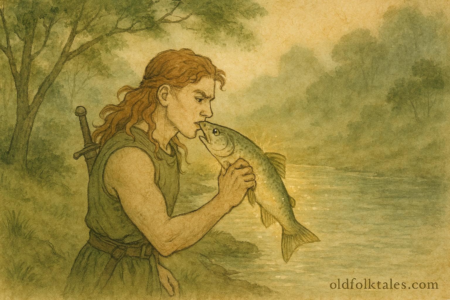 Parchment-style illustration of young Cú Chulainn tasting the magical Salmon of Knowledge, Irish folktale scene.
