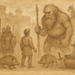 Parchment-style illustration of Culhwch confronting Ysbaddaden with Arthurian warriors, Welsh folktale scene.