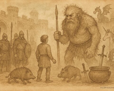 Parchment-style illustration of Culhwch confronting Ysbaddaden with Arthurian warriors, Welsh folktale scene.