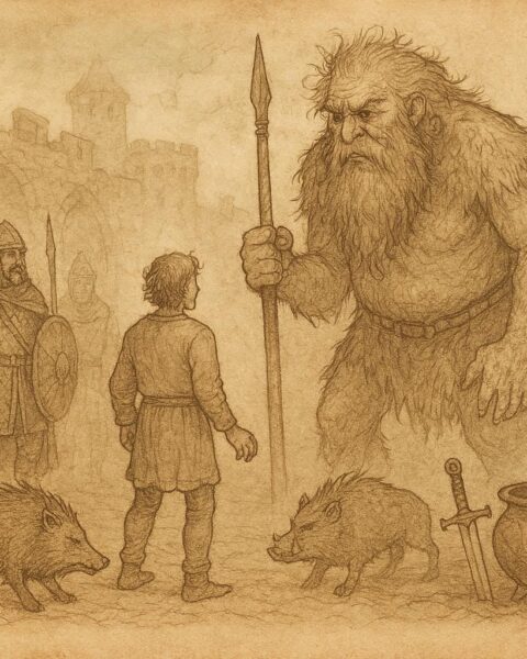 Parchment-style illustration of Culhwch confronting Ysbaddaden with Arthurian warriors, Welsh folktale scene.