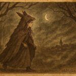 Parchment-style illustration of a princess in donkeyskin walking through a forest, French folktale scene.