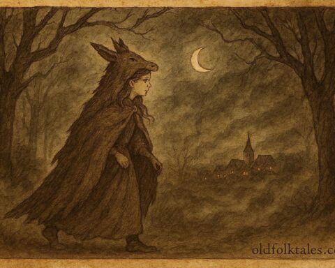 Parchment-style illustration of a princess in donkeyskin walking through a forest, French folktale scene.