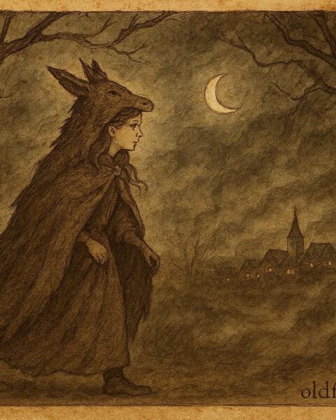 Parchment-style illustration of a princess in donkeyskin walking through a forest, French folktale scene.