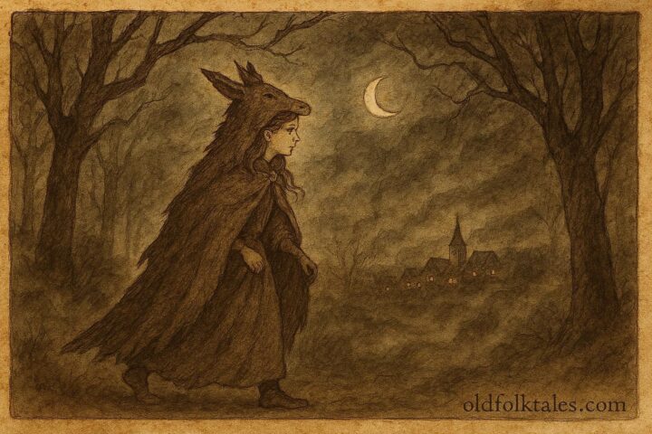 Parchment-style illustration of a princess in donkeyskin walking through a forest, French folktale scene.