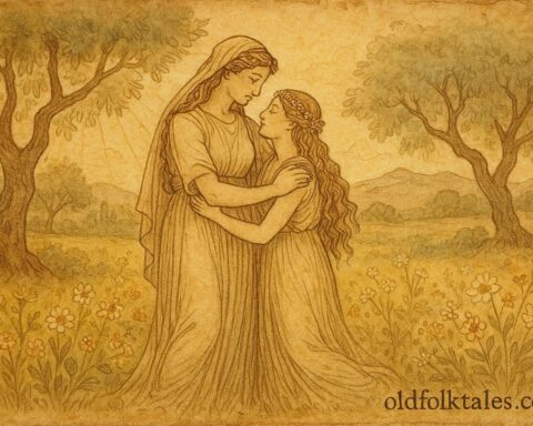 An artwork of Demeter and Persephone reunited in an Ancient Greek myth scene.