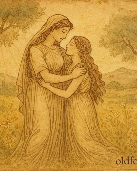 An artwork of Demeter and Persephone reunited in an Ancient Greek myth scene.