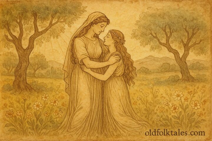 An artwork of Demeter and Persephone reunited in an Ancient Greek myth scene.