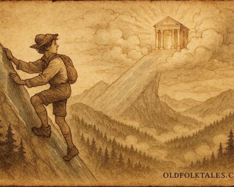Parchment-style illustration of a man climbing the Glass Mountain in a Tyrolean folktale.