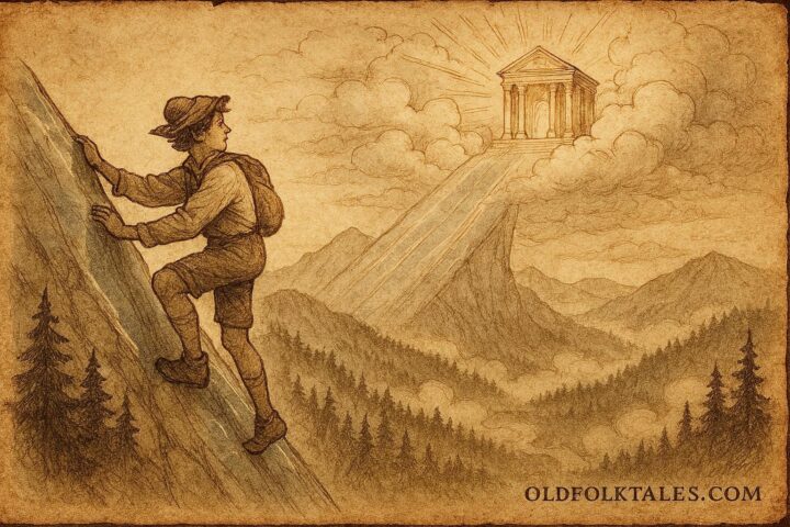 Parchment-style illustration of a man climbing the Glass Mountain in a Tyrolean folktale.