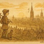 Parchment-style illustration of Dick Whittington with his cat overlooking London, English folktale scene.