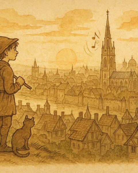 Parchment-style illustration of Dick Whittington with his cat overlooking London, English folktale scene.