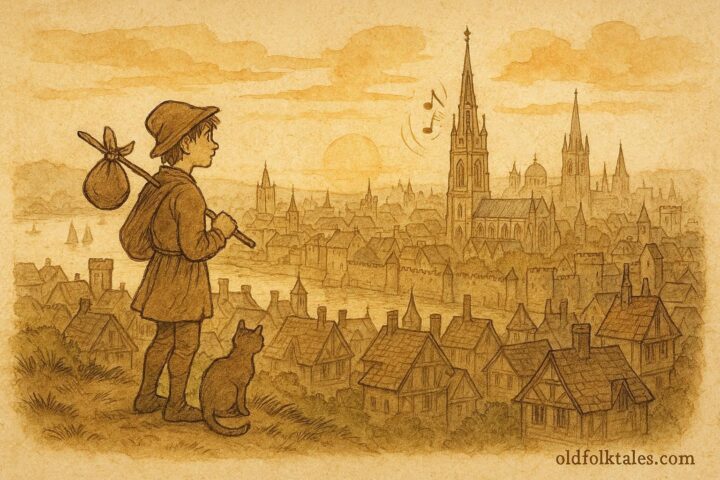 Parchment-style illustration of Dick Whittington with his cat overlooking London, English folktale scene.