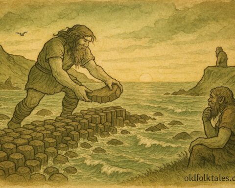 Parchment-style illustration of Finn McCool building the Giant’s Causeway, Irish folktale scene.