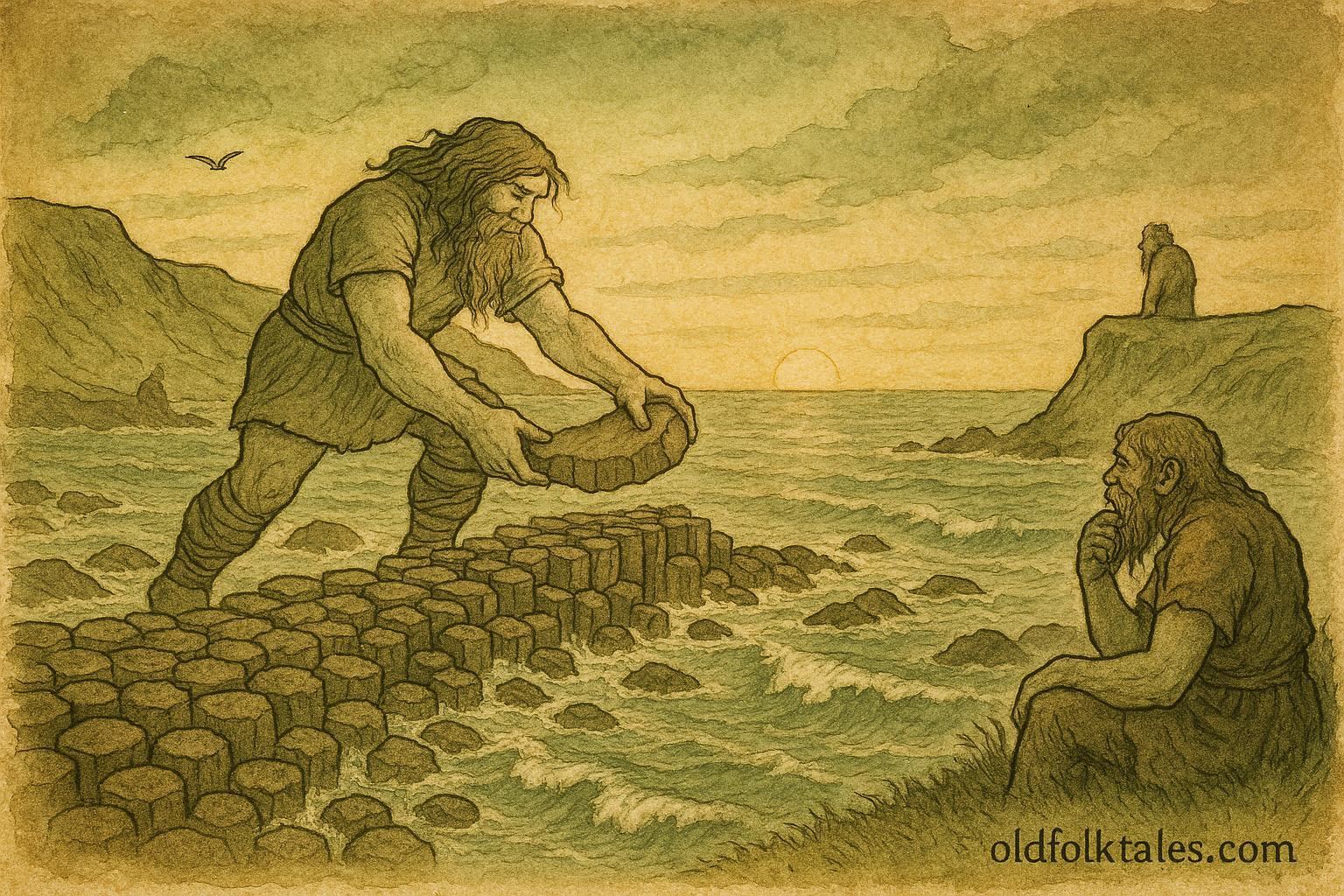 Parchment-style illustration of Finn McCool building the Giant’s Causeway, Irish folktale scene.