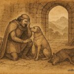 An illustration of Gelert and Prince Llywelyn in a Welsh folktale scene from Gwynedd.