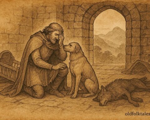 An illustration of Gelert and Prince Llywelyn in a Welsh folktale scene from Gwynedd.