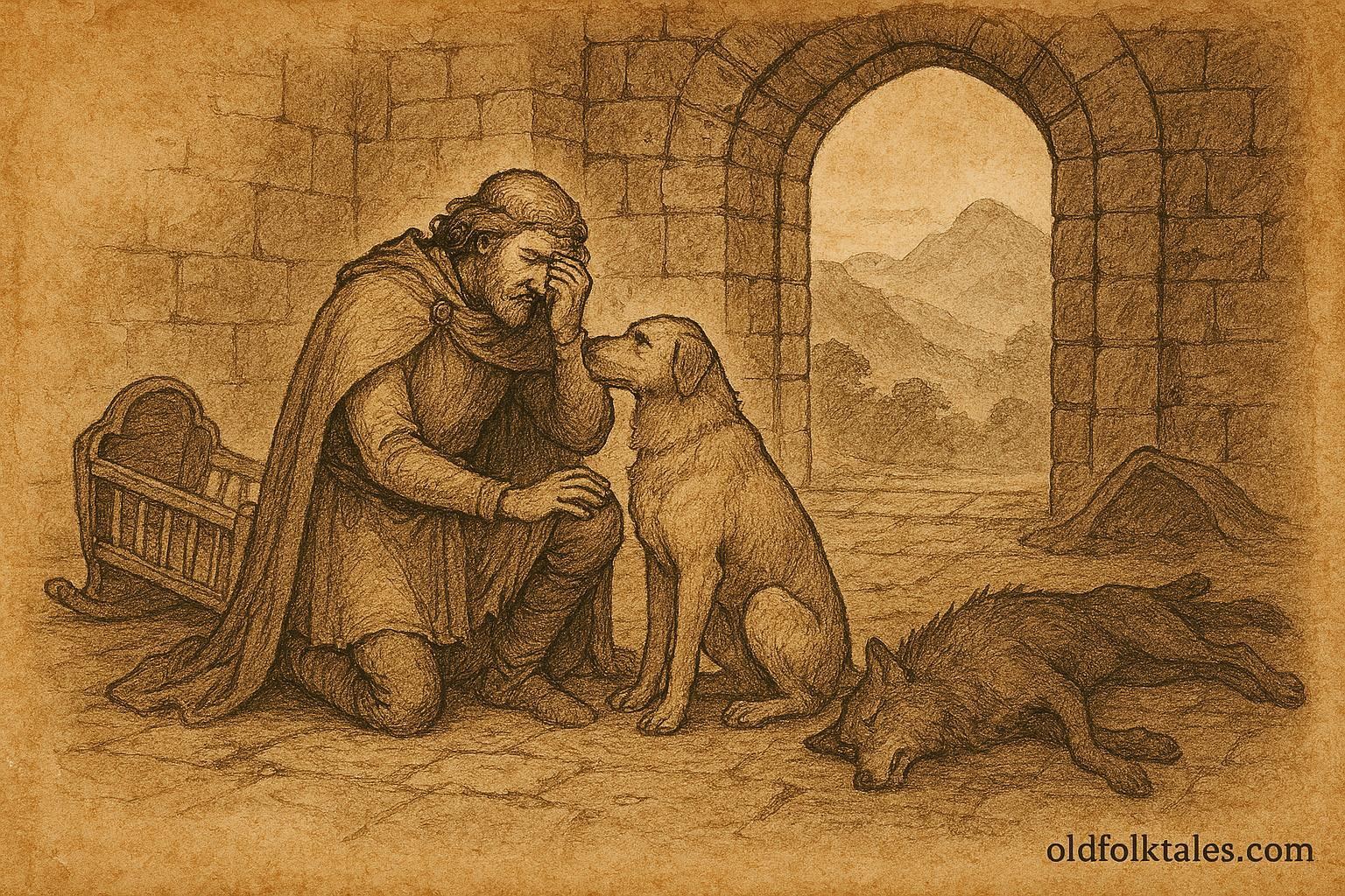 An illustration of Gelert and Prince Llywelyn in a Welsh folktale scene from Gwynedd.
