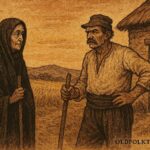 An illustration of Grandmother Death visiting a farmer in a Bulgarian folktale.