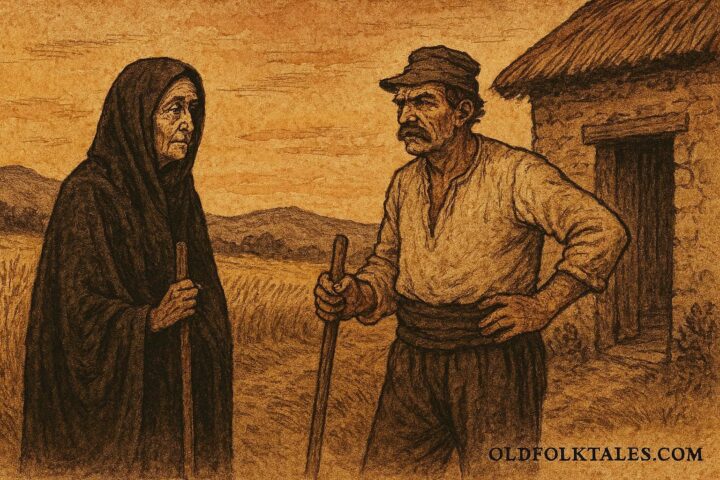 An illustration of Grandmother Death visiting a farmer in a Bulgarian folktale.