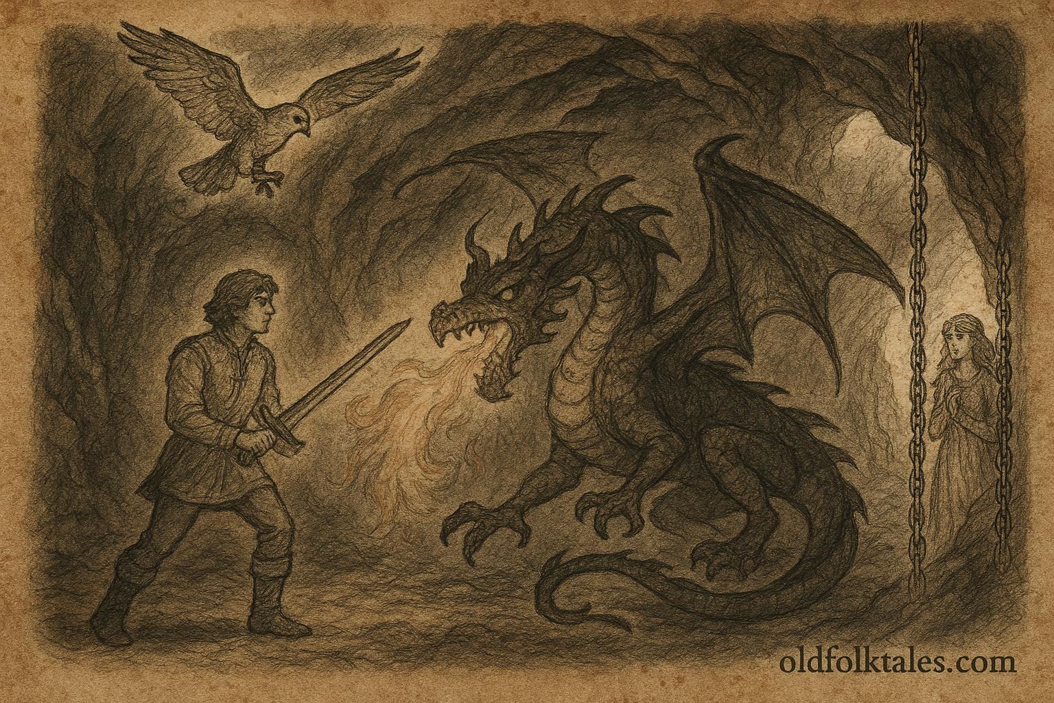 Parchment-style artwork of Greuceanu battling the zmeu and rescuing the princess, Romanian folktale scene.