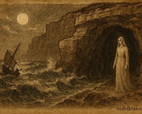 Parchment-style illustration of the Woman of the Cave guarding a stormy Maltese coastline.