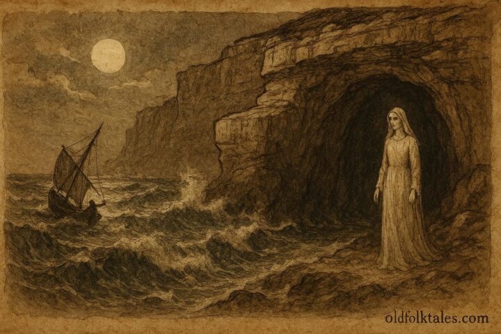 Parchment-style illustration of the Woman of the Cave guarding a stormy Maltese coastline.