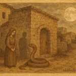 Parchment-style artwork of the Serpent Prince and his bride, Maltese folktale scene.