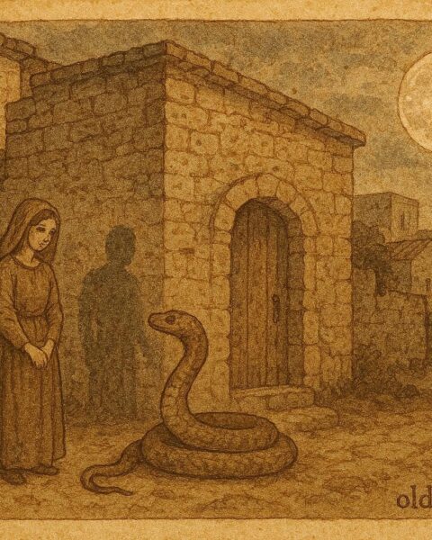 Parchment-style artwork of the Serpent Prince and his bride, Maltese folktale scene.