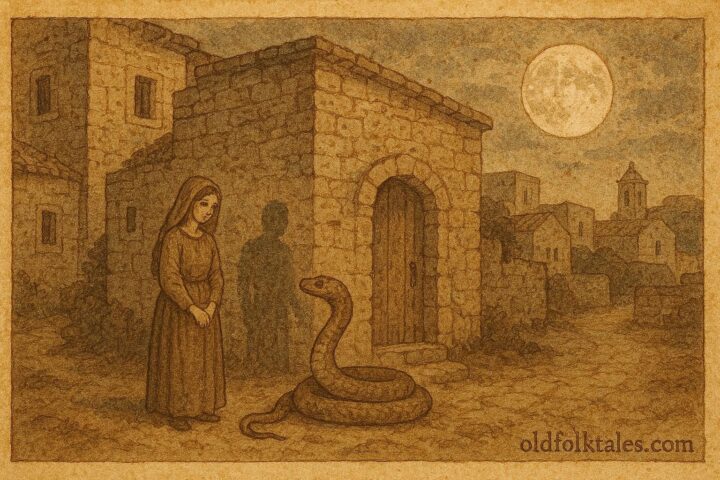 Parchment-style artwork of the Serpent Prince and his bride, Maltese folktale scene.