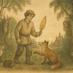 An artwork of Ivan the Fool in a forest, Russian folktale scene.