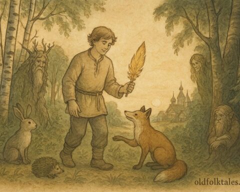 An artwork of Ivan the Fool in a forest, Russian folktale scene.