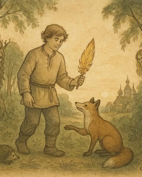 An artwork of Ivan the Fool in a forest, Russian folktale scene.