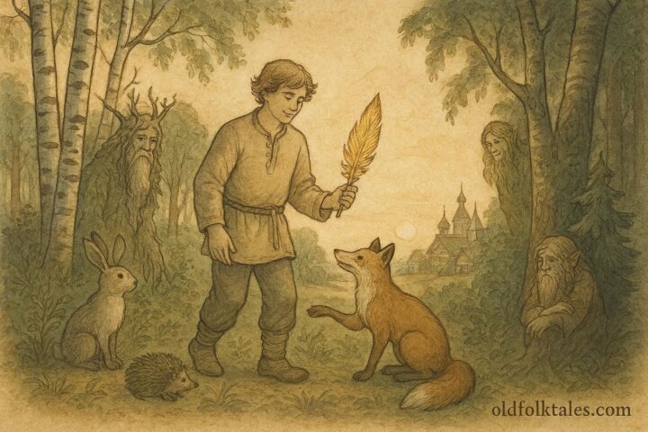 An artwork of Ivan the Fool in a forest, Russian folktale scene.