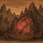 An illustration of King Laurin’s glowing rose garden at twilight, Tyrolean folktale.