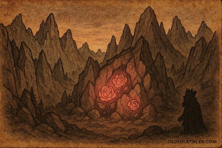 An illustration of King Laurin’s glowing rose garden at twilight, Tyrolean folktale.