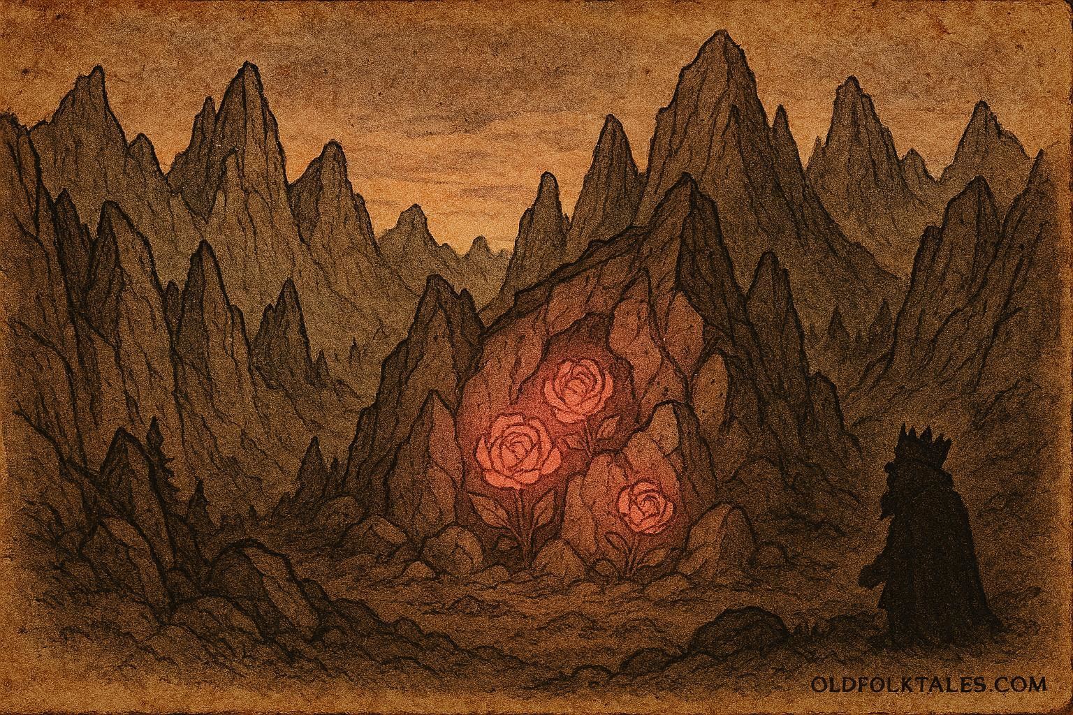 An illustration of King Laurin’s glowing rose garden at twilight, Tyrolean folktale.