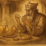 An illustration of King Midas with golden hands in an Ancient Greek myth scene.