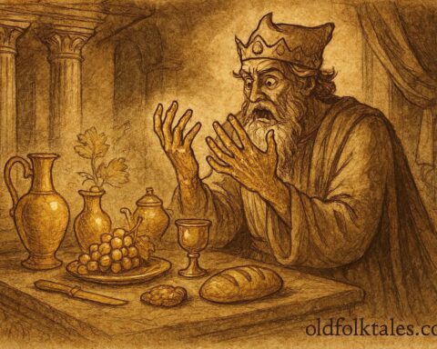 An illustration of King Midas with golden hands in an Ancient Greek myth scene.
