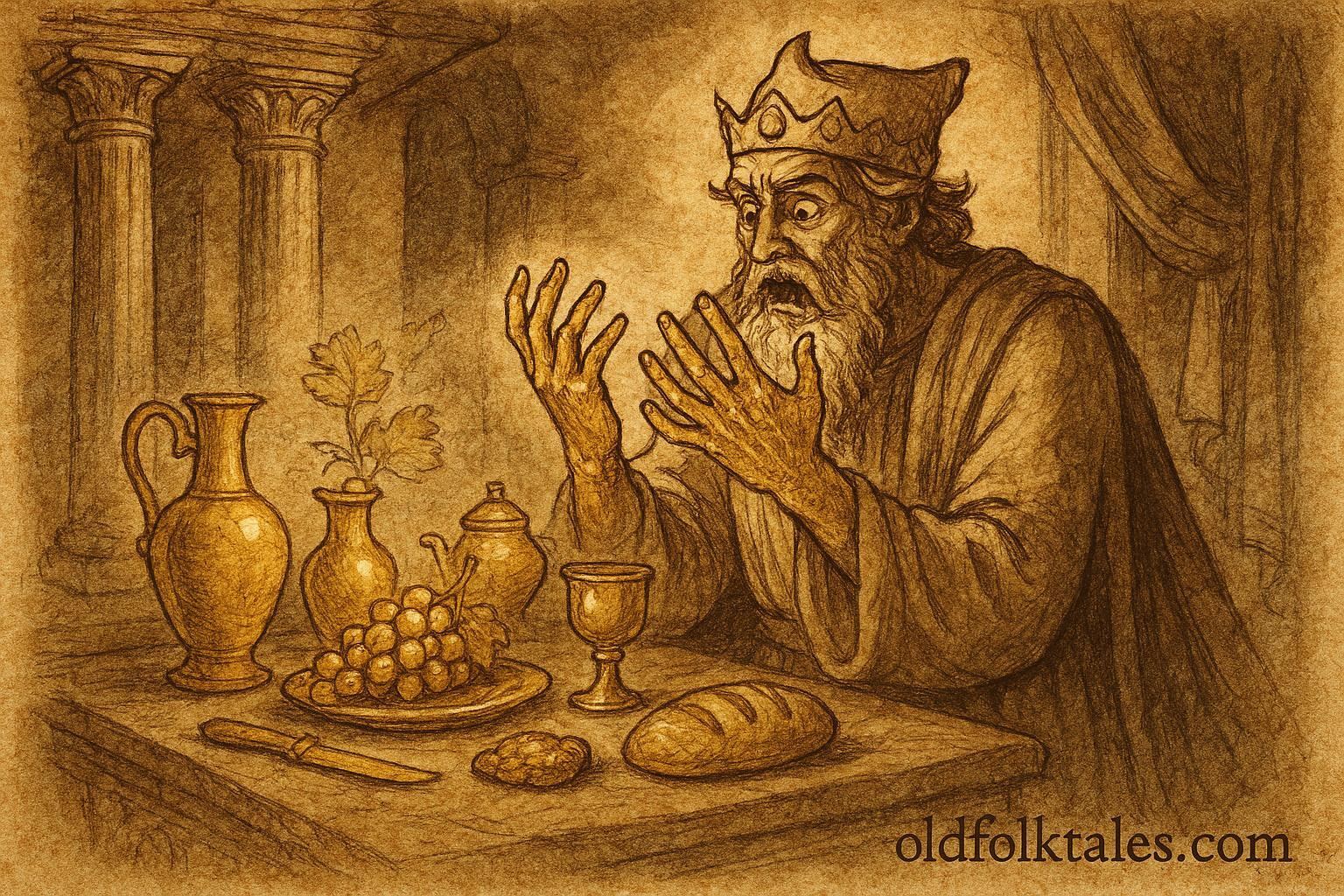 An illustration of King Midas with golden hands in an Ancient Greek myth scene.