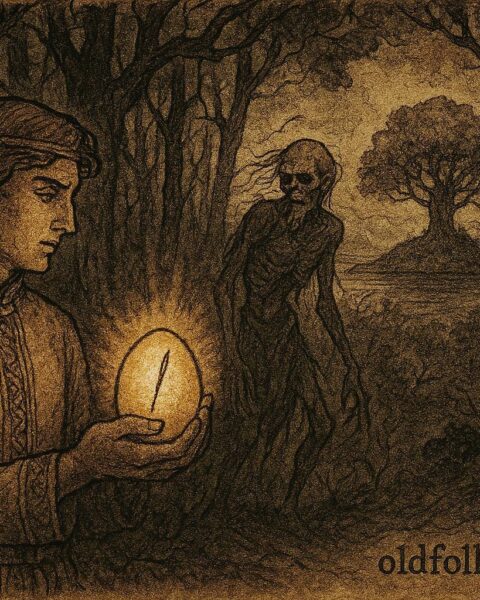 An artwork of Ivan Tsarevich breaking Koschei’s hidden needle, Russian folktale.