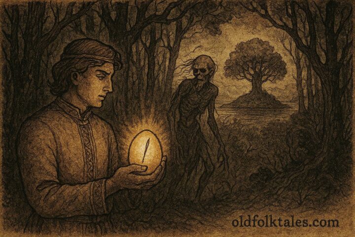 An artwork of Ivan Tsarevich breaking Koschei’s hidden needle, Russian folktale.