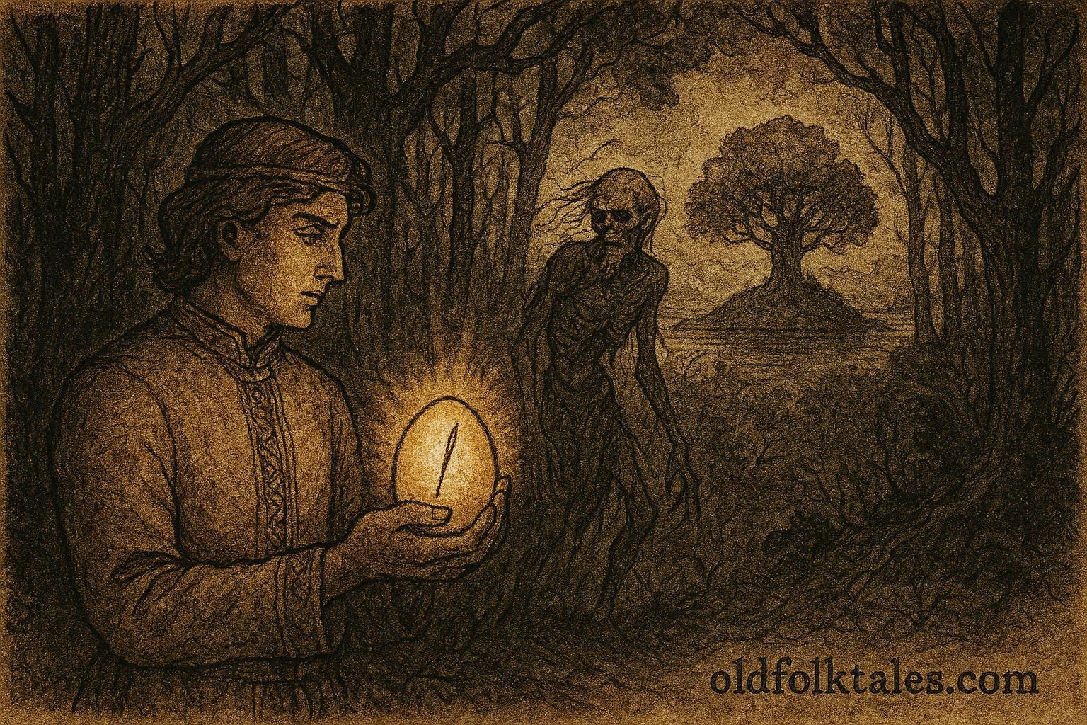 An artwork of Ivan Tsarevich breaking Koschei’s hidden needle, Russian folktale.