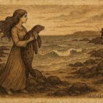 Parchment-style illustration of a selkie woman returning to the sea, Scottish folktale from Orkney.