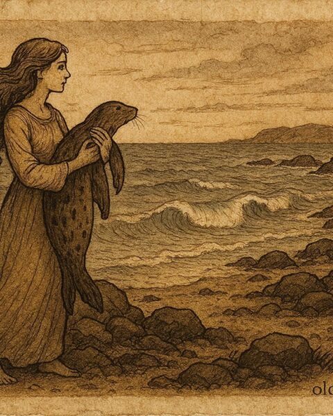 Parchment-style illustration of a selkie woman returning to the sea, Scottish folktale from Orkney.