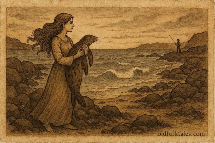 Parchment-style illustration of a selkie woman returning to the sea, Scottish folktale from Orkney.