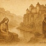 Parchment-style artwork of Melusina near Luxembourg castle, Luxembourgish folklore scene.