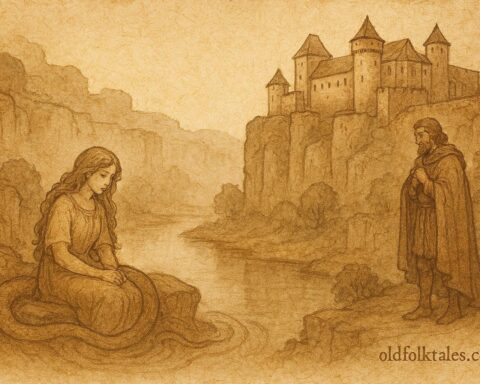 Parchment-style artwork of Melusina near Luxembourg castle, Luxembourgish folklore scene.