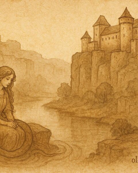 Parchment-style artwork of Melusina near Luxembourg castle, Luxembourgish folklore scene.