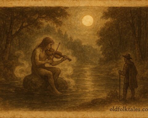 Parchment-style artwork of Näcken playing fiddle by a moonlit river, Swedish folktale scene.