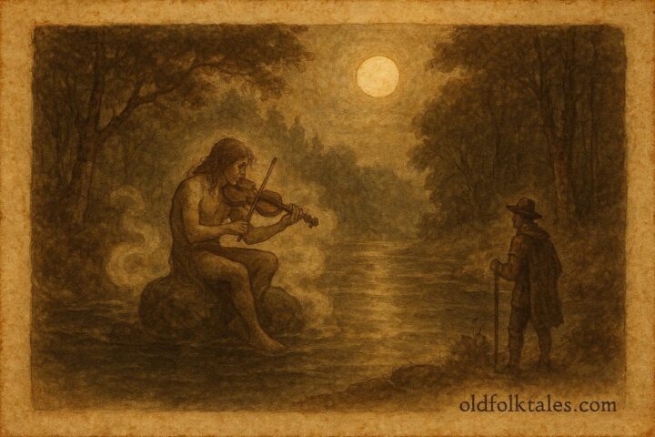 Parchment-style artwork of Näcken playing fiddle by a moonlit river, Swedish folktale scene.